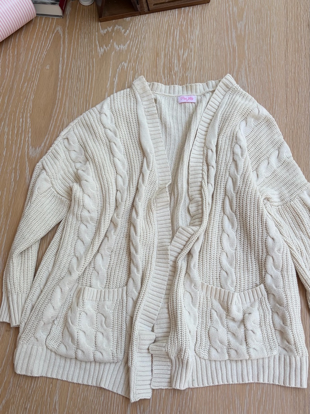 Pink Lily Cream Cable Knit Open-Front Cardigan